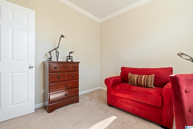 living area with baseboards, carpet flooring, and crown molding