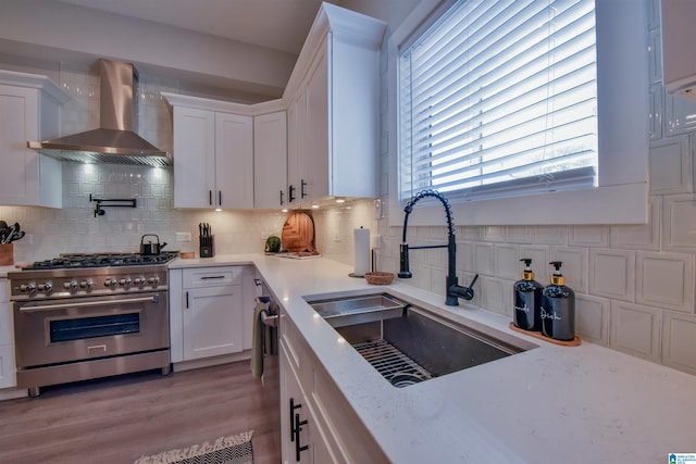 kitchen with stainless steel appliances, decorative backsplash, white cabinets, a sink, and wall chimney exhaust hood