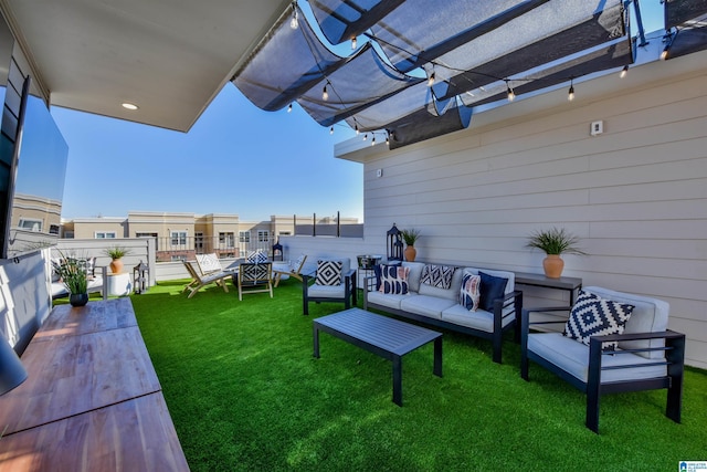 exterior space featuring an outdoor living space and a pergola