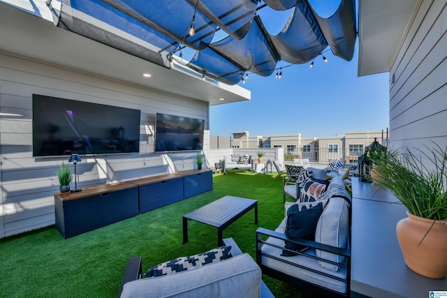 exterior space with outdoor lounge area, a residential view, and a pergola