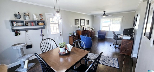 dining area with dark wood finished floors, crown molding, and baseboards