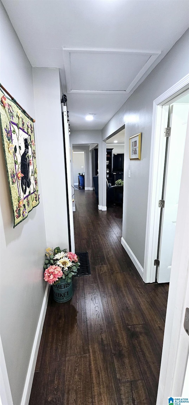 hall with dark wood finished floors, baseboards, and a barn door