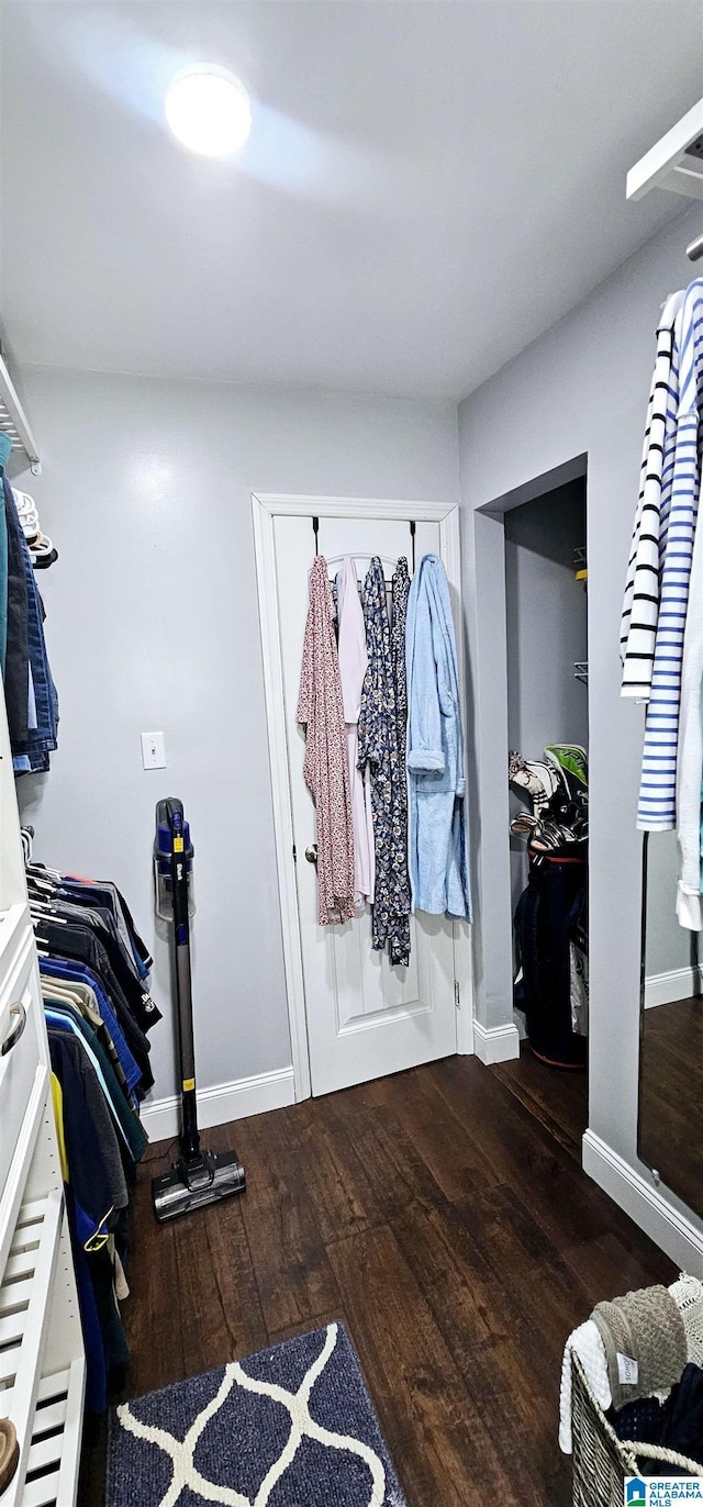 walk in closet with dark wood-style floors