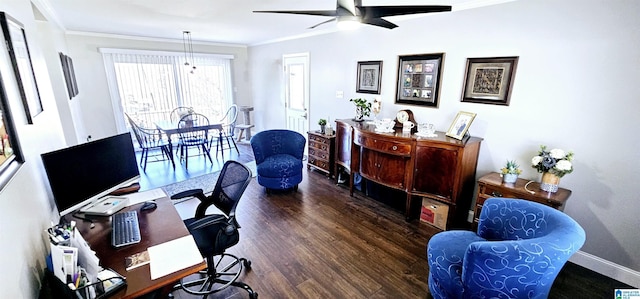 office space featuring dark wood-type flooring, crown molding, baseboards, and ceiling fan