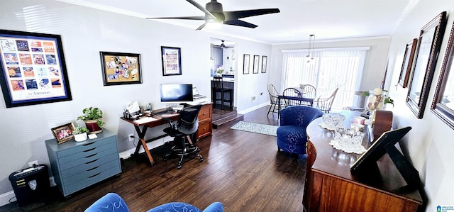 office with baseboards, ornamental molding, dark wood finished floors, and a ceiling fan