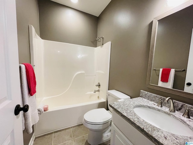 full bath with vanity, bathing tub / shower combination, toilet, and tile patterned floors