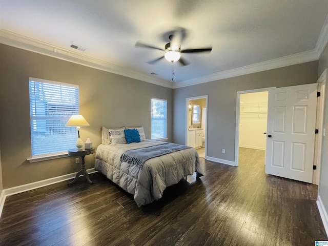 bedroom featuring visible vents, dark wood-type flooring, and ornamental molding