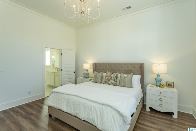 bedroom with dark wood finished floors, visible vents, crown molding, and baseboards