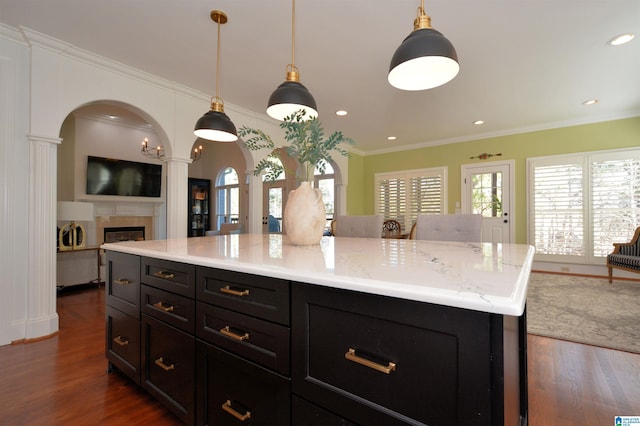 kitchen with dark wood-style floors, open floor plan, crown molding, and a fireplace