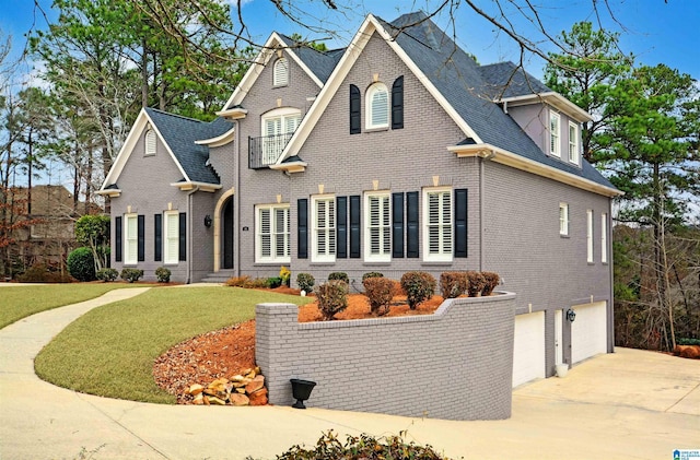 view of front of property featuring a garage, a front yard, concrete driveway, and brick siding