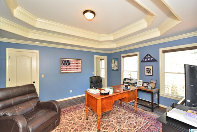 office with a raised ceiling, crown molding, and wood finished floors