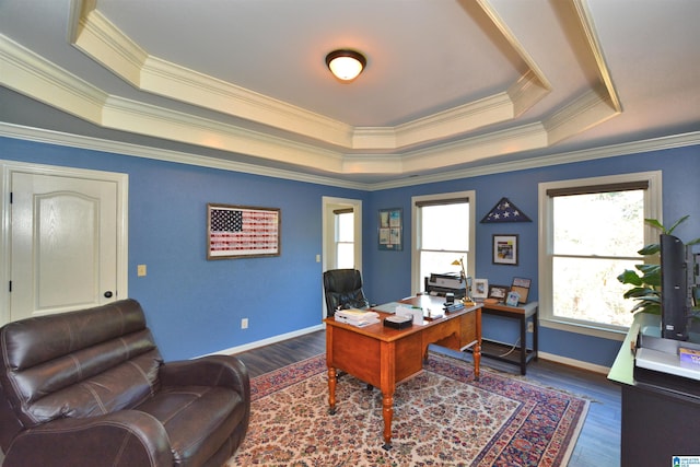 office featuring ornamental molding, a tray ceiling, wood finished floors, and baseboards