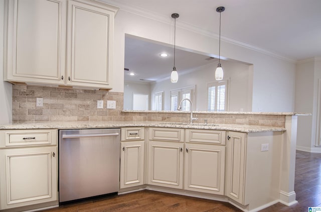 kitchen featuring cream cabinetry, crown molding, stainless steel dishwasher, and light stone countertops