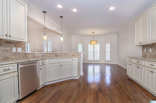 kitchen featuring ornamental molding, dark wood-style flooring, decorative light fixtures, and stainless steel dishwasher