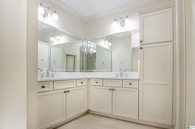 full bathroom featuring ornamental molding, a sink, and double vanity