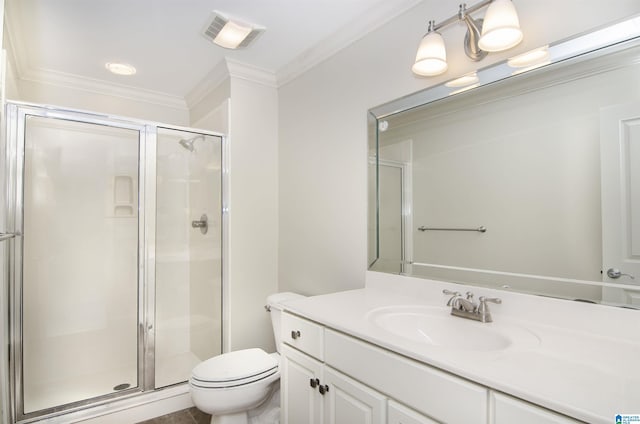 full bath with visible vents, crown molding, a shower stall, and toilet