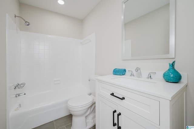 bathroom with shower / bathtub combination, toilet, vanity, and tile patterned floors