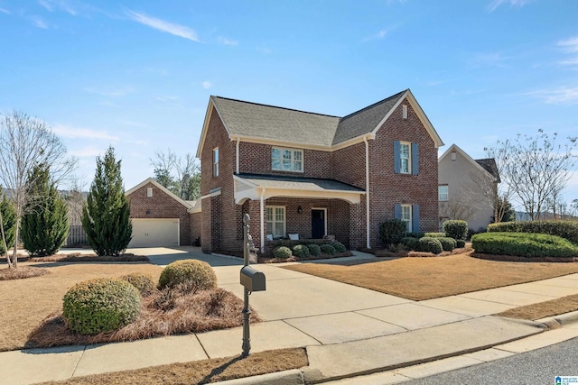 traditional-style home featuring covered porch, brick siding, a front yard, and a garage