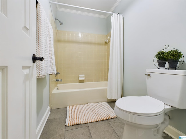 full bathroom with toilet, baseboards, ornamental molding, tile patterned floors, and shower / bath combo with shower curtain