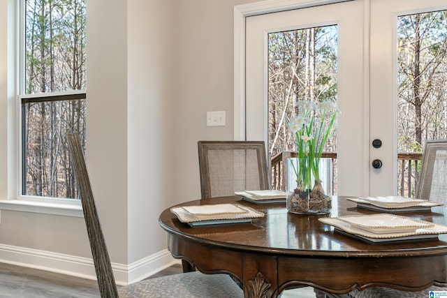 dining space featuring baseboards and wood finished floors