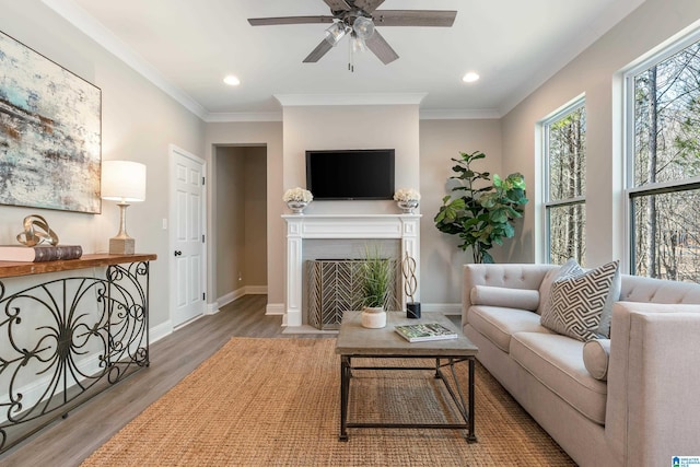 living area with recessed lighting, wood finished floors, a fireplace with flush hearth, baseboards, and crown molding