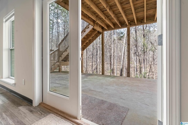 doorway with wood finished floors and a wealth of natural light