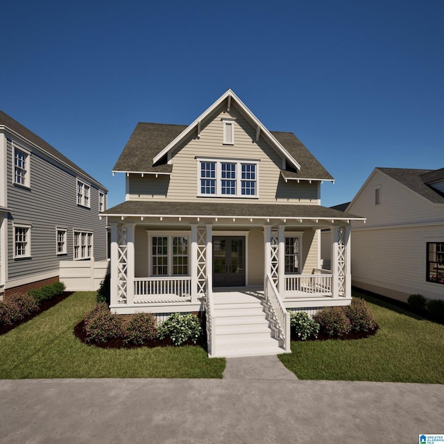 view of front of house with a porch, a shingled roof, and a front lawn