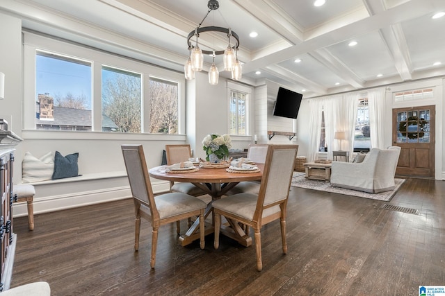 dining area featuring coffered ceiling, baseboards, ornamental molding, beam ceiling, and dark wood-style floors