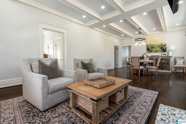 living room featuring coffered ceiling, baseboards, dark wood finished floors, and beam ceiling