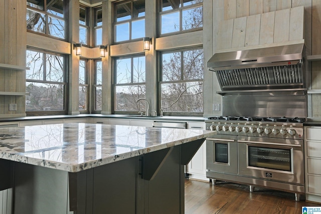 kitchen featuring stainless steel appliances, ventilation hood, a sink, and light stone counters