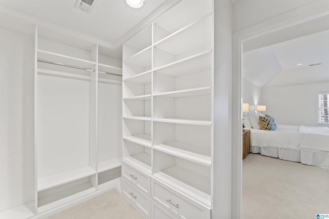 spacious closet with light colored carpet and visible vents