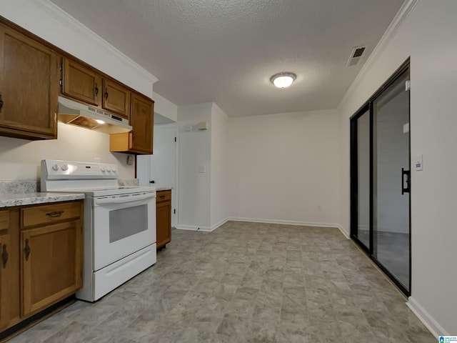 kitchen with visible vents, brown cabinetry, electric stove, light countertops, and under cabinet range hood