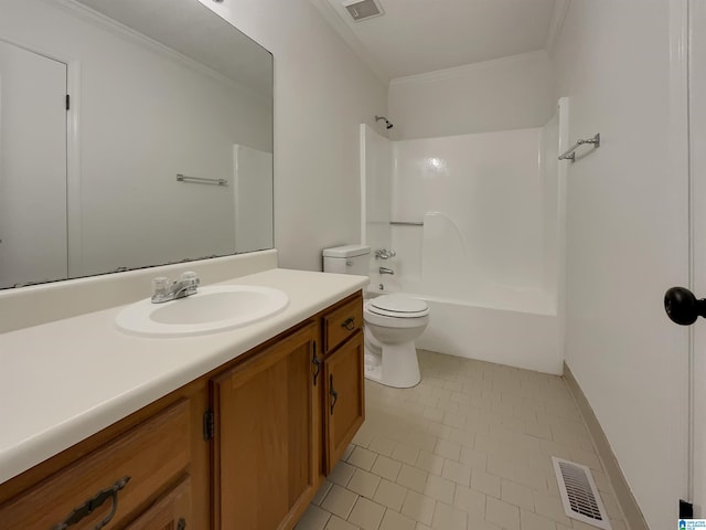 full bathroom with toilet, bathing tub / shower combination, vanity, visible vents, and ornamental molding