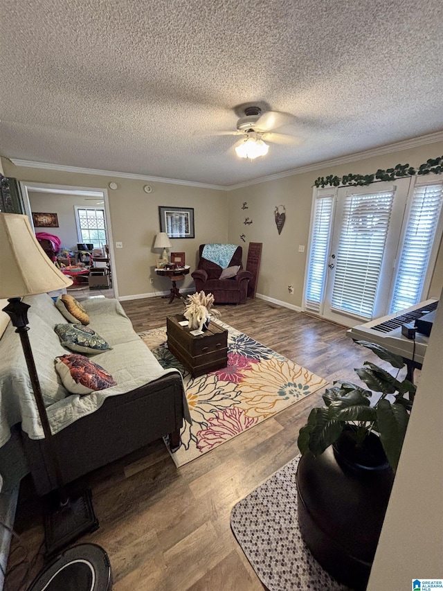 living area with ornamental molding, ceiling fan, a textured ceiling, and wood finished floors