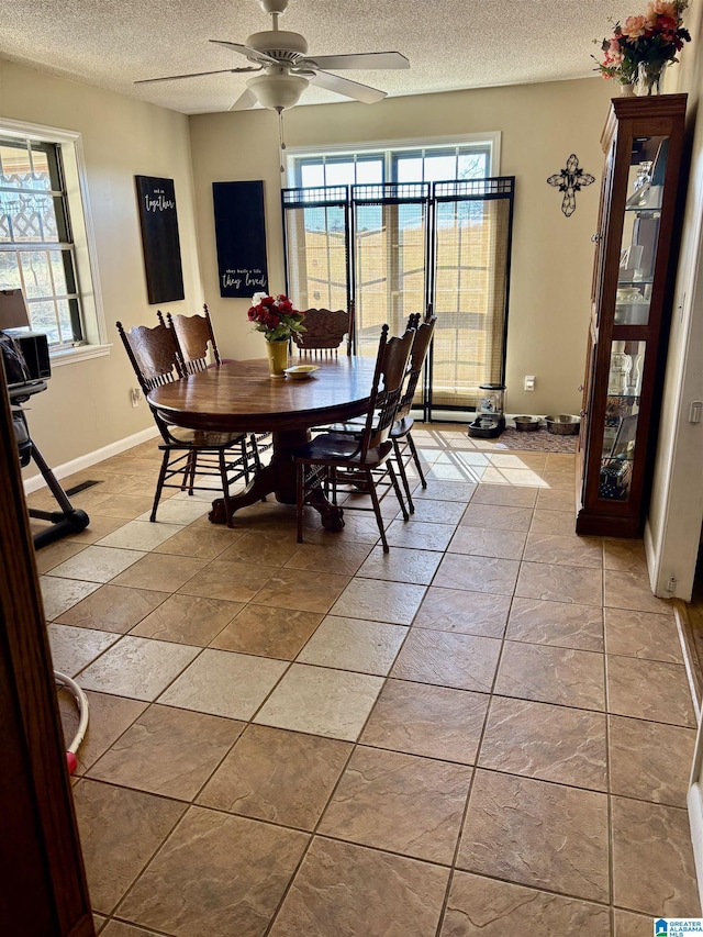 dining space featuring visible vents, ceiling fan, a textured ceiling, and baseboards