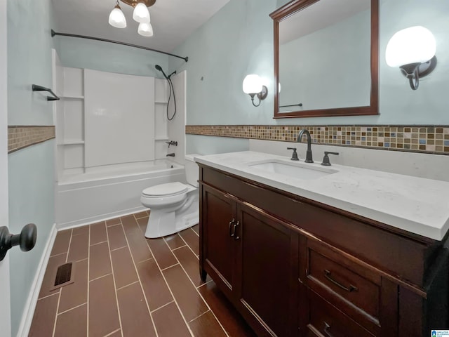 full bathroom with shower / bathtub combination, tasteful backsplash, visible vents, toilet, and vanity