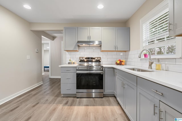 kitchen featuring gray cabinets, backsplash, stainless steel range with electric cooktop, a sink, and under cabinet range hood