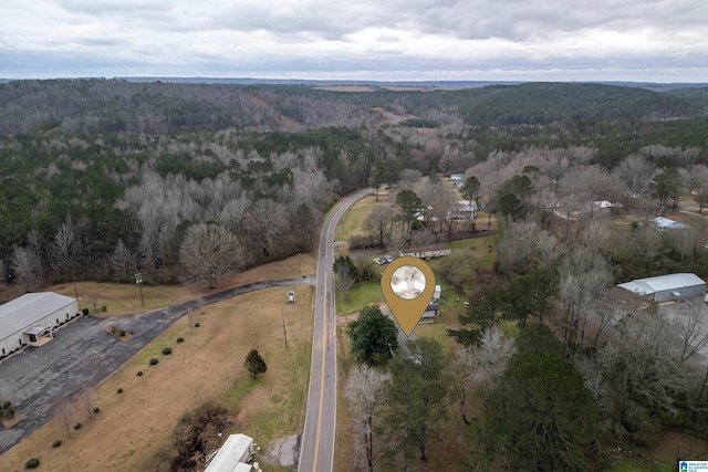 birds eye view of property featuring a wooded view