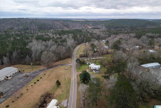 drone / aerial view with a wooded view