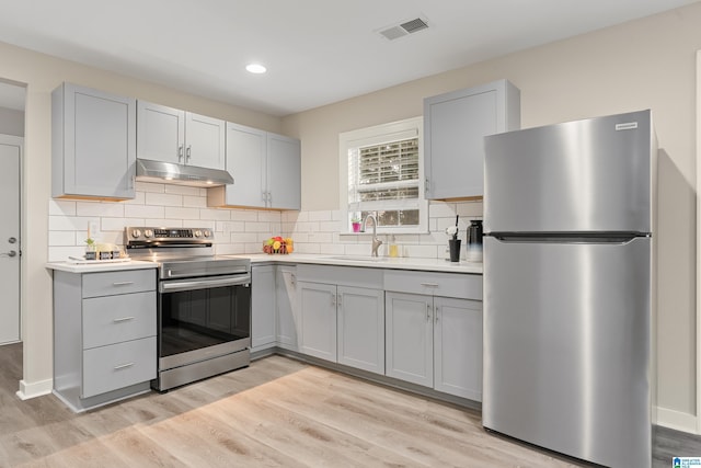 kitchen with under cabinet range hood, a sink, visible vents, appliances with stainless steel finishes, and gray cabinets