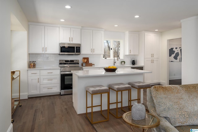 kitchen with white cabinets, a kitchen breakfast bar, a center island, stainless steel appliances, and light countertops