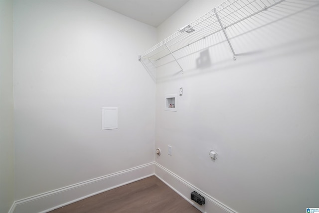 laundry room featuring laundry area, baseboards, gas dryer hookup, dark wood-style floors, and hookup for a washing machine