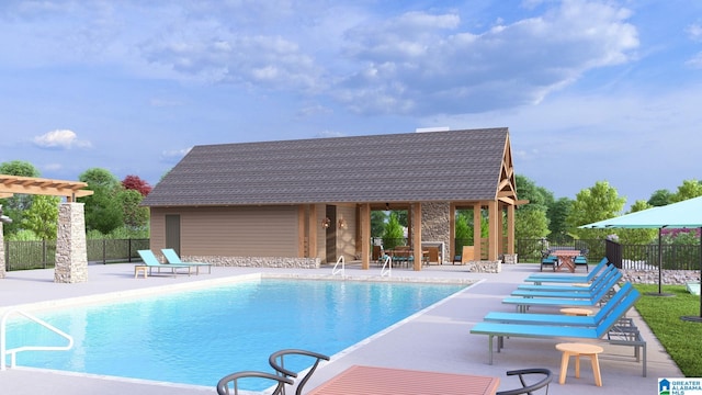 view of swimming pool with fence, a fenced in pool, and a patio