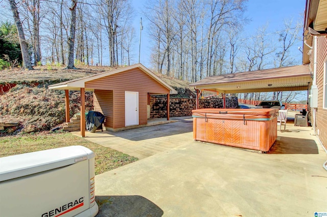 view of patio / terrace with a hot tub and an outbuilding