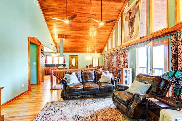 living room featuring baseboards, light wood-type flooring, wood ceiling, and a healthy amount of sunlight