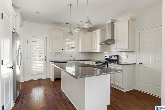 kitchen with wall chimney exhaust hood, dark wood-style flooring, a sink, and stainless steel appliances