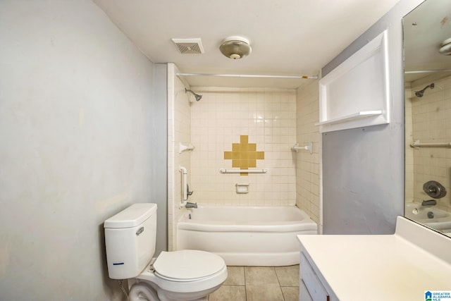 full bath featuring visible vents, bathing tub / shower combination, toilet, tile patterned floors, and vanity