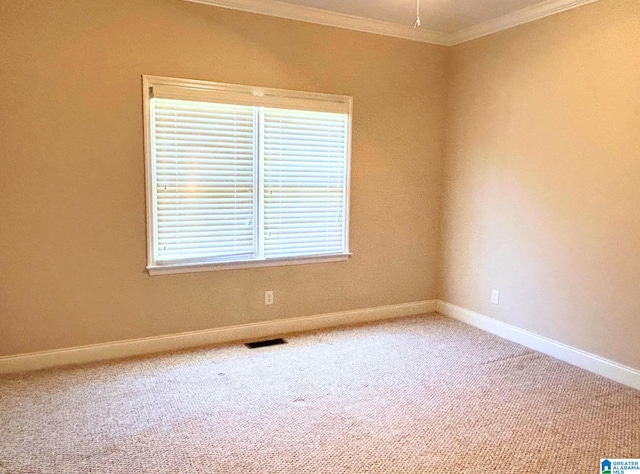 spare room with carpet floors, ornamental molding, visible vents, and baseboards