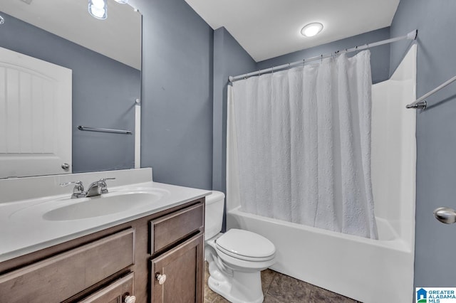 full bathroom featuring toilet, shower / bathtub combination with curtain, and vanity