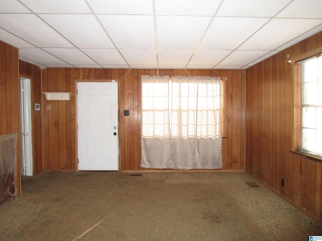 spare room with carpet floors, wood walls, a paneled ceiling, and a healthy amount of sunlight